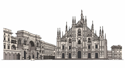 Obraz premium A detailed illustration of a grand Gothic cathedral and arched buildings