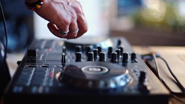 Professional dj hands adjusting controls on a digital music controller at home studio.
