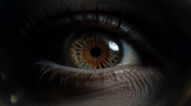 Macro shot of an opening eye revealing a detailed golden hazel iris, symbolizing vision, clarity, perception, human anatomy, awakening, consciousness, and biological detail