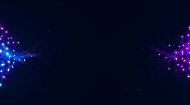 Glowing pink and blue nodes connected by flowing light lines on a dark background, representing digital data exchange, neural network, connectivity, and communication