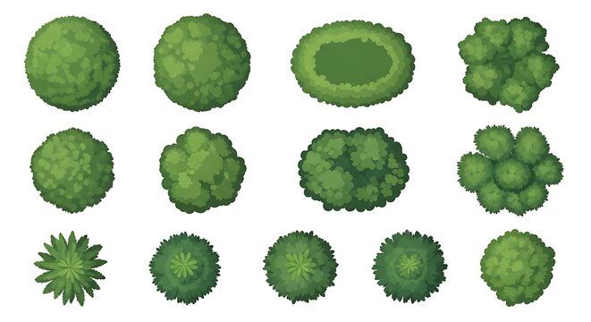 Set of top view green trees and bushes for architectural landscape map design