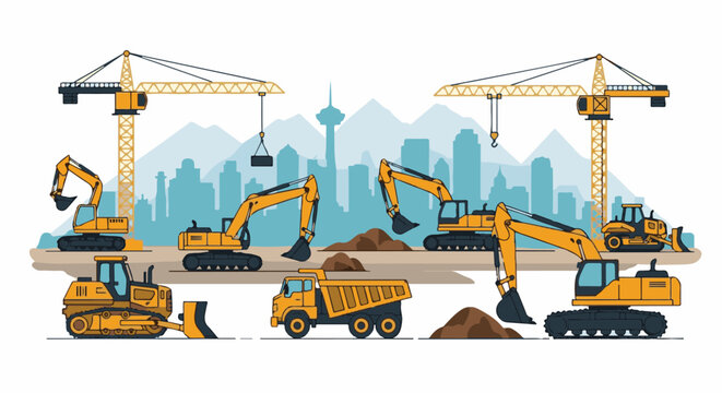 Construction site with excavators, cranes, bulldozer and dump truck