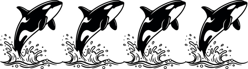 Jumping Killer Whale Orca Silhouette Seamless Border Pattern Set with Ocean Water Waves and Splashes for Marine Wildlife Vector Graphic Designs © Nexivo! 