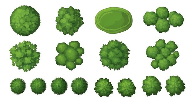 Set of green trees and bushes top view for map design and architectural landscape plans