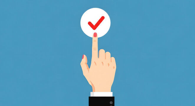 Woman's hand with red nail polish pressing a white circle with a red checkmark finger