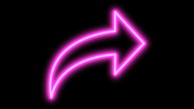 Glowing neon share arrow sign with pink and blue color changing effect on black background.