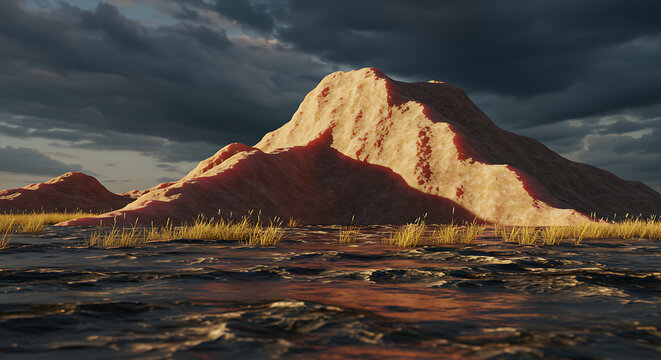 A dramatic landscape photo captures a large mountain under a stormy sky with dry grass and mud in the foreground.