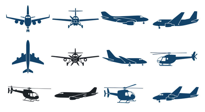 Collection of Blue Aircraft and Helicopter Silhouettes - Aviation Icons