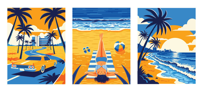 Summer beach vacation vector posters set with retro car tropical palm trees ocean waves and woman sunbathing