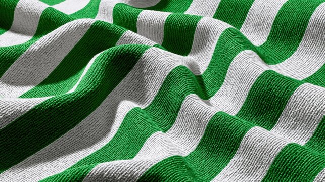Close up of green and white striped knit terry cloth towel texture background in soft waves