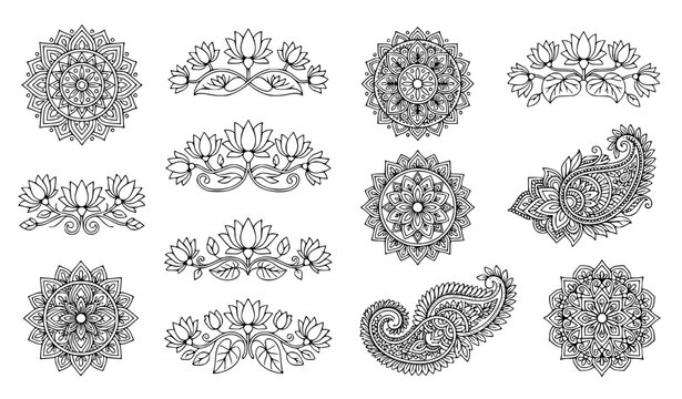 Pohela Boishakh elegant Bengali New Year Alpona floral pattern vector set with traditional folk art and Kalka lines
