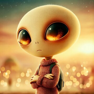 Childlike alien stands with crossed arms in a city at sunset, blending curiosity and determination in a futuristic setting