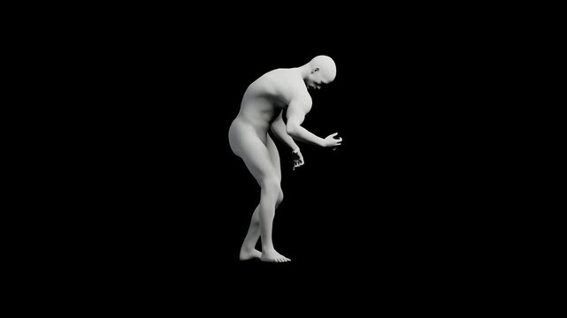 3D render of a figure model bending in contemplation