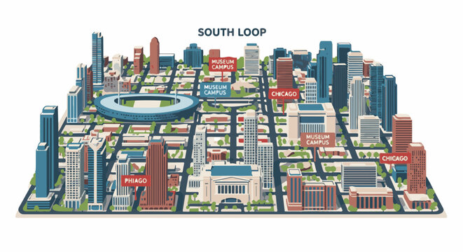 Isometric view of South Loop cityscape with buildings, streets, and signs