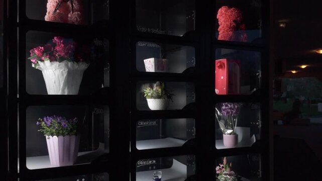 Pink and red rose teddy bear bouquets and potted flowers behind glass of a dispensing machine. Slow motion tilt up flower vending machine at night. Innovative 0-24 last minute shopping concept.