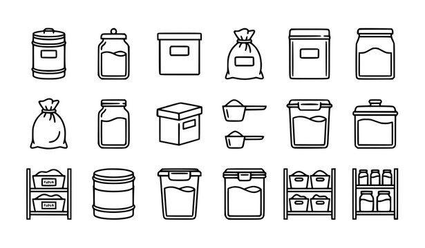 Grain Container Line Icon Set with Flour Storage Canisters in Black and White