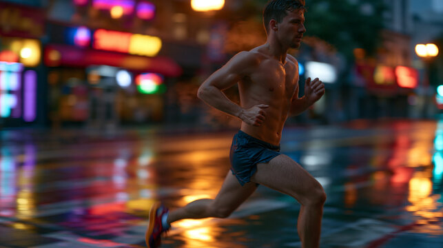 Lean marathon runner mid-stride at 5am city streets, breath misting cold air under amber streetlights, motion blur on wet pavement reflecting neon storefronts, perfect for dawn training, endurance a