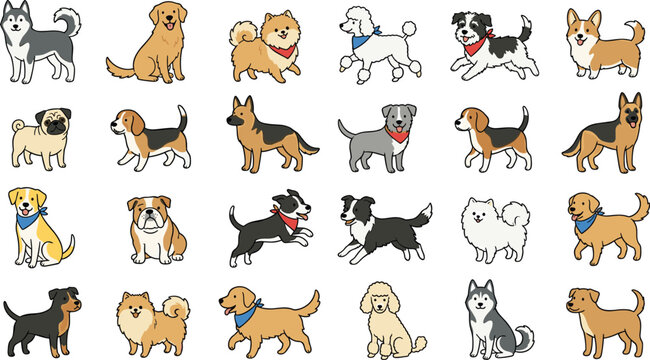 Cute Cartoon Dog Breeds Icon and Character Bundle Vector Set with Husky, Golden Retriever, German Shepherd, Pug, and Corgi for Pet Shop, Stickers, and Patterns