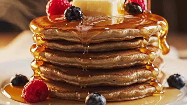 Close-up macro of a stack of golden brown pancakes topped with melting butter, fresh blueberries, and raspberries, with amber maple syrup being poured over the top in warm light.