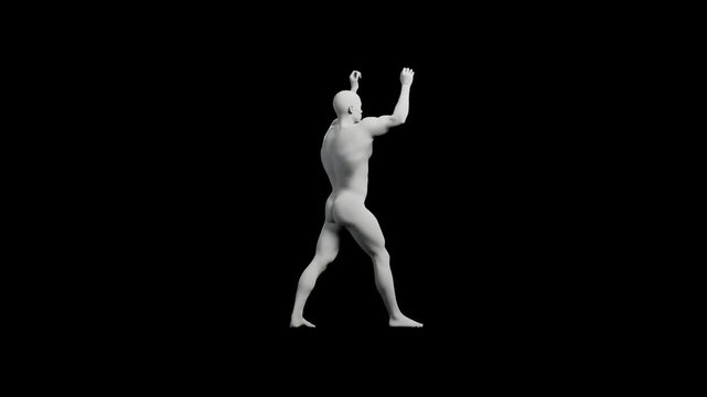Naked figure model with arms raised on black background