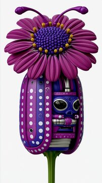 Colorful robot flower hybrid stands on a green stem with big purple petals and a unique design at an outdoor location