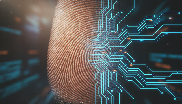 Human fingerprint morphing into glowing digital circuit traces deepfake concept