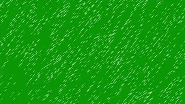 Lush green screen 2D animated heavy rain with dynamic falling drops. chromakey background animation for dramatic scenes, film projects, and digital compositing. Professional seamless rain loop.