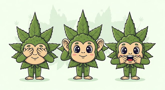 Three cartoon monkeys in leaf costumes symbolizing dont see hear speak