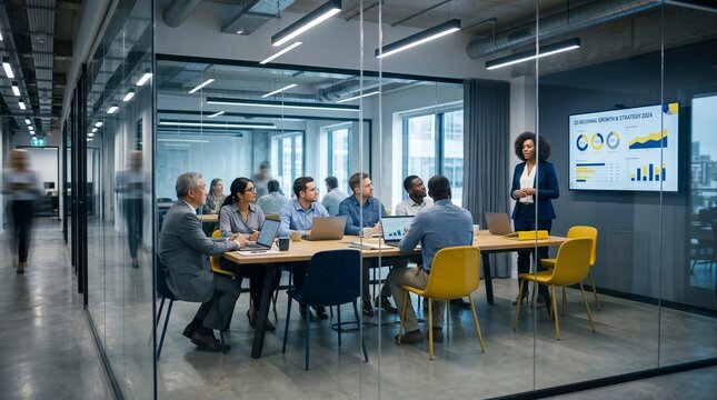 Business Team Meets in a Glass Conference Room to Review Digital Dashboards, Discuss Performance Metrics, Align Strategy, and Plan Key Projects, Focusing on Revenue Growth, Customer Results