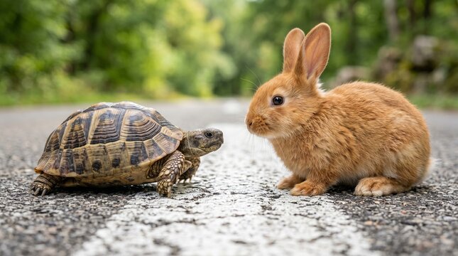 Cute rabbit and tortoise face each other on road. Nature and competition concept. Symbol of slow versus quick, determination, and overcoming odds. Funny tale start. 