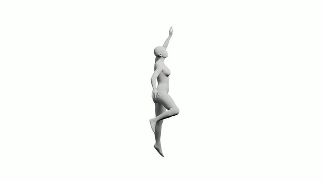 Naked figure reaching confidently against white backdrop