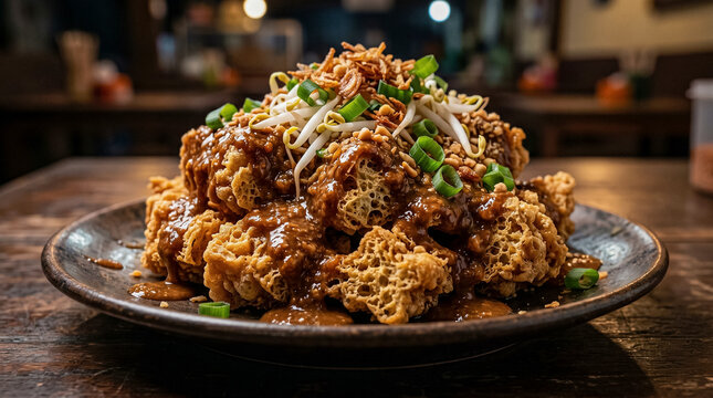 Premium commercial food photography of Indonesian Tahu Telur (crispy tofu omelet) with rich peanut sauce and sprouts on a black plate.