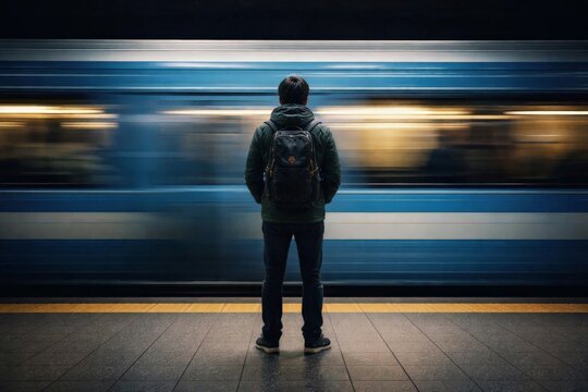 Man with backpack standing on subway platform watching blurred train pass, urban commuting and travel concept with motion.