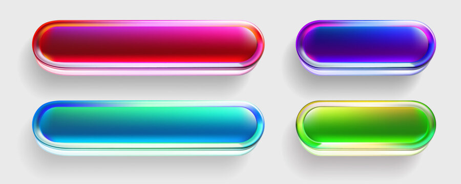 Four glossy futuristic multi colored 3D capsules with metallic borders