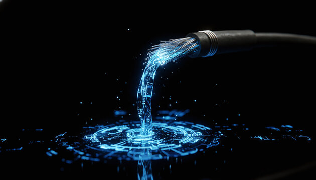 Severed fiber optic cable leaking glowing digital data breach concept
