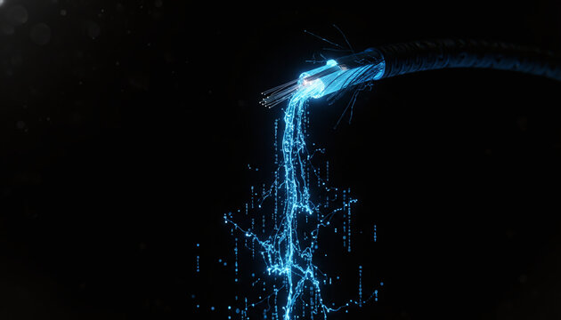 Severed fiber optic cable leaking glowing digital data breach concept