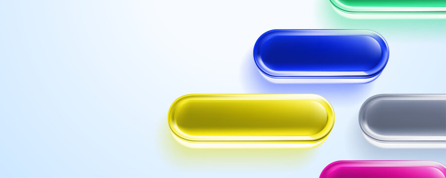 Colorful glossy 3D capsule banners on a light background