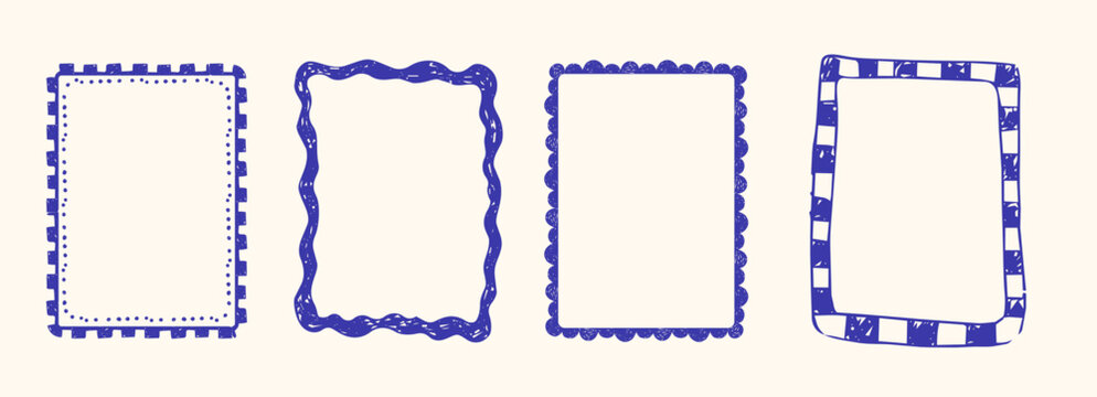 Stamp frames with border in Italian coastal style. Decorative, nautical fun scallop frame wiggle retro designs. Hand drawn pencil doodle border set.