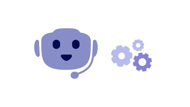 Animated robot head with headset talking next to spinning cogs. AI customer support assistant and virtual chatbot helper concept on white