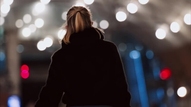 Rear view of blonde woman in dark faux fur coat walking through city street at night with bokeh lights.