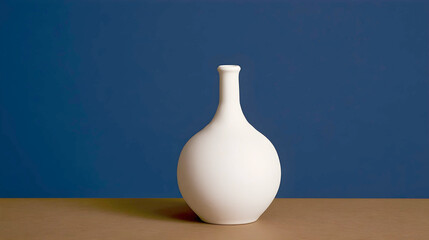 A minimalist matte white ceramic vase stands elegantly on a smooth brown tabletop against a solid dark blue wall, showcasing clean lines and a striking color contrast