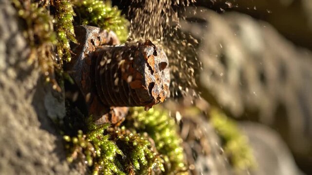 Macro Timelapse Of Weathered Bolt With Moss and Sunlight, 4K Footage, Cinematic Detail