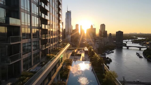 Rooftop infinity pool and lounge chairs at sunset between modern skyscrapers