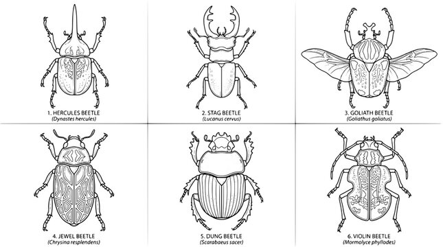 Beetle line art set of six insect sketches showing Hercules, stag, goliath and jewel beetles for educational use