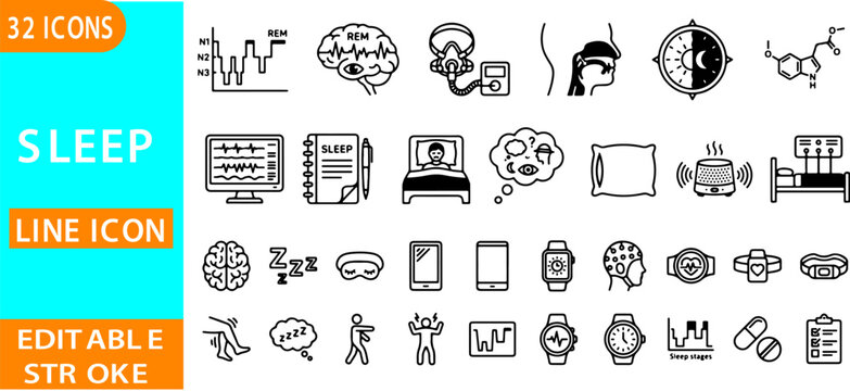 Sleep tracking icons display physiological monitoring data and bedtime routines for health apps.