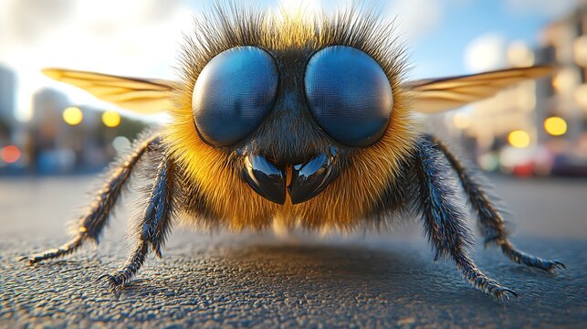 Macro Closeup of a Busy Bee on Pavement with Urban Blurred Background.