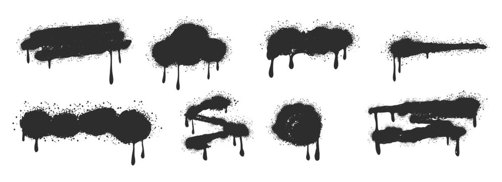 Spray paint set aerosol effect, graffiti squiggly lines with paint drips. Graffiti grunge paint shapes with spots and drops. Abstract paint brush stroke.