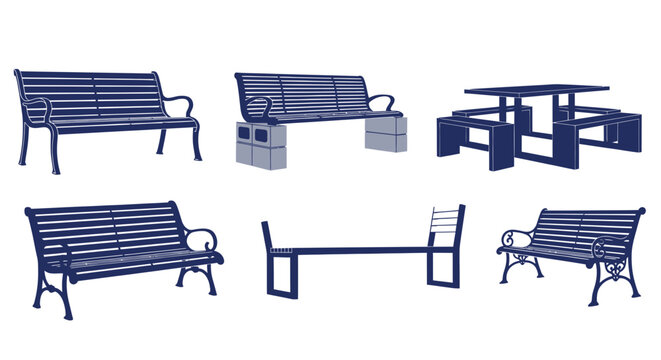 Outdoor Benches and Picnic Table Collection - Vector Illustration