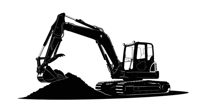 Silhouette of an excavator digging a pile of dirt, construction, heavy machinery