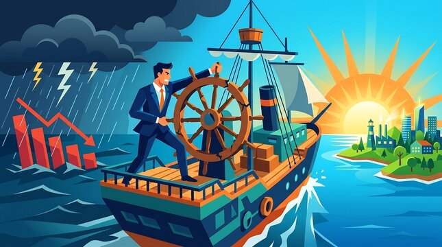 Businessman steers a ship through a turbulent storm toward a bright and prosperous city harbor horizon.